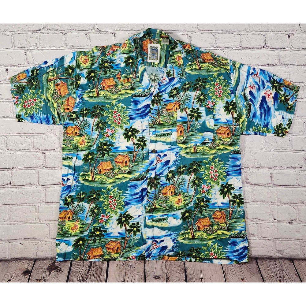 1980-90s Ocean Current Vintage Hawaiian Shirt Mens L Rayon Hula Surfer Handmade